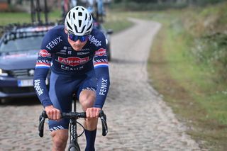 Dutch Mathieu van der Poel of AlpecinFenix pictured in action during a training session ahead of the 118th edition of the ParisRoubaix one day cycling race from Compiegne near Paris to Roubaix Thursday 30 September 2021 Due to the ongoing corona virus pandemic the 2020 edition was cancelled and the 2021 edition was postponed from spring to autumn For the first time there will be a womens race ParisRoubaix as well BELGA PHOTO DAVID STOCKMAN Photo by DAVID STOCKMANBELGA MAGAFP via Getty Images