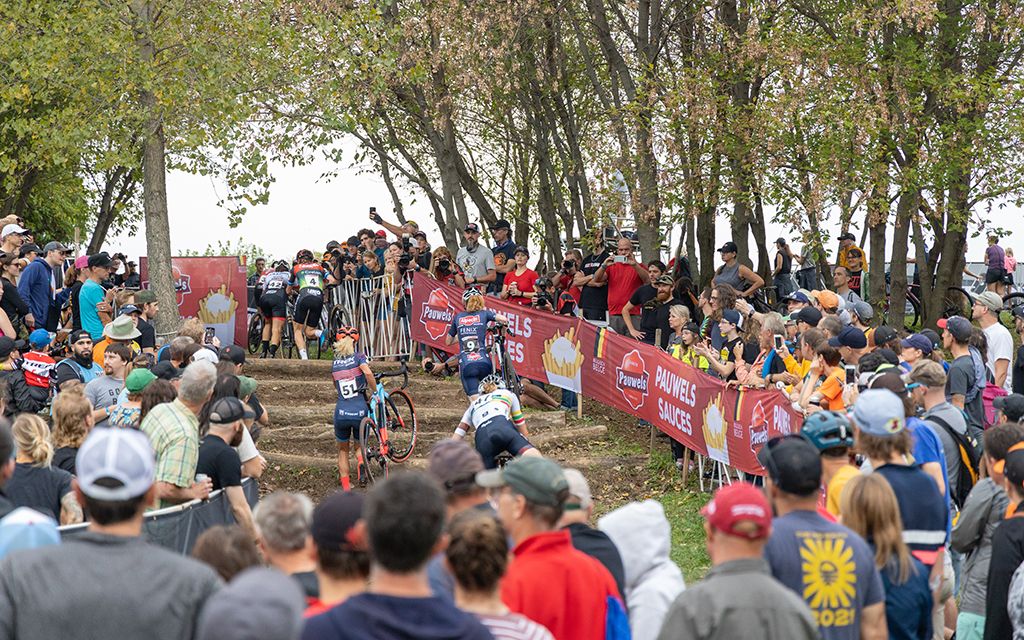 The Belgian stairs at the UCI Waterloo Cyclo-cross World Cup during the elite women&#039;s race 2021