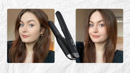 Collage of two adjacent images of beauty editor Lucy (left and right) showing the before and after results of the ghd Unplugged, with an image of the tool in the middle; all set against a creased paper effect background 