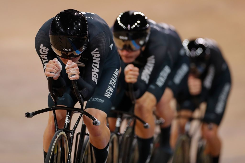 New Zealands Corbin Strong New Zealands Campbell Stewart New Zealands Jordan Kerby and New Zealands Aaron Gate compete in the mens Team Pursuit Finals at the UCI track cycling World Championship at the velodrome in Berlin on February 27 2020 Photo by Odd ANDERSEN AFP Photo by ODD ANDERSENAFP via Getty Images