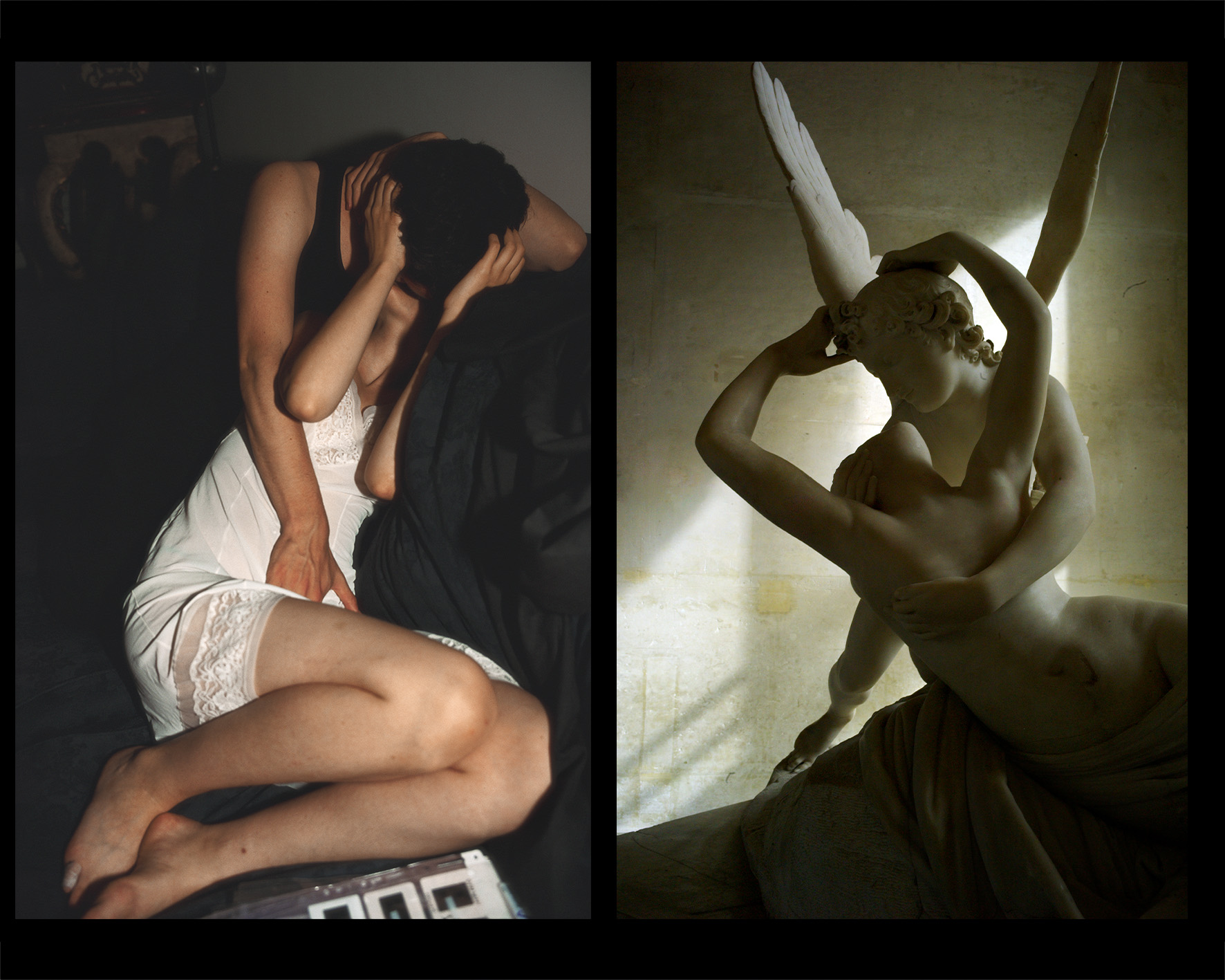 Nan Goldin photographs side by side, of young lovers and a statue of young lovers
