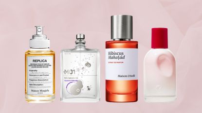 A collection of 'niche perfumes' from Maison Margiela, Escentric Molecules, Maison Crivelli and Glossier in a pastel pink template