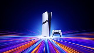 A PlayStation 5 Pro console with colorful streams of light emanating from its base.