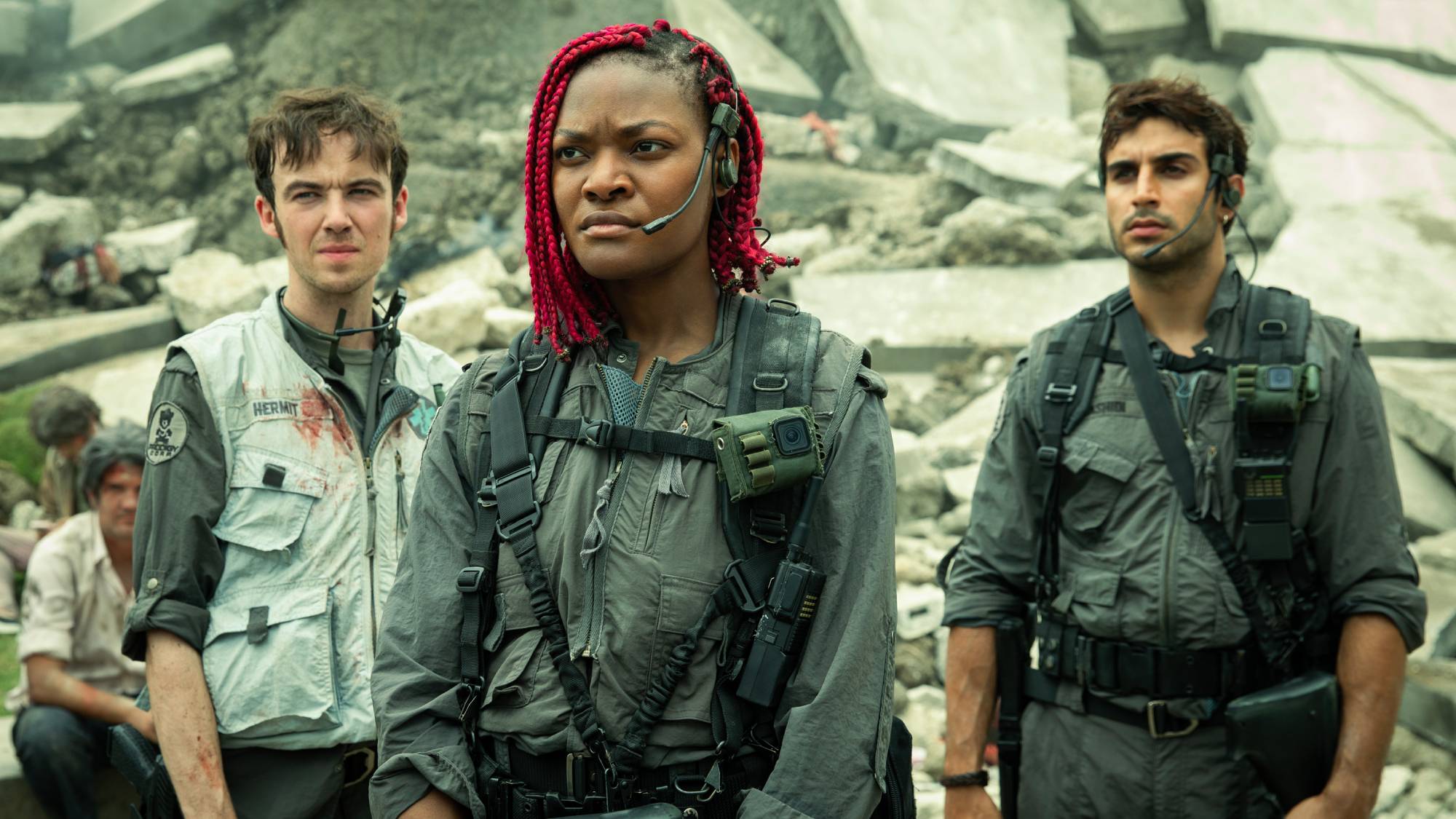 Alex Lawther as Hermit, Diêm Camille as Siberian, and Moe Bar-El as Rashidi in "Alien: Earth"
