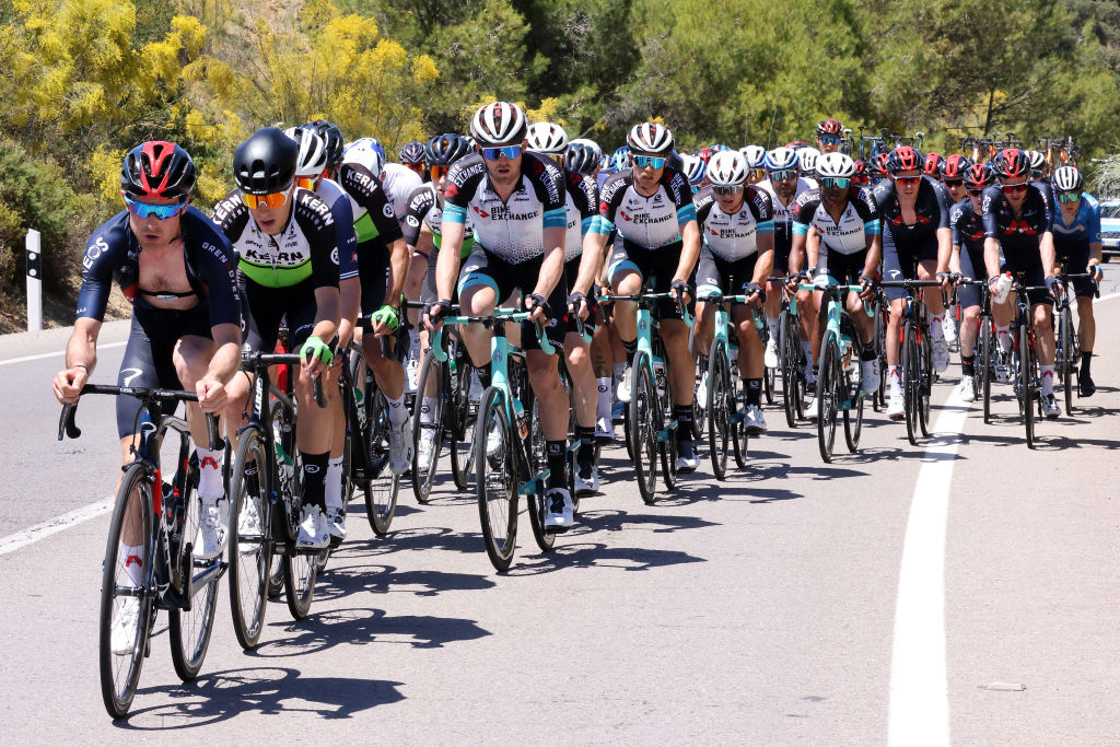 ZAHARA DE LA SIERRA SPAIN MAY 18 Leonardo Basso of Italy and Team INEOS Grenadiers Luke Durbridge of Australia and Team BikeExchange leads The Peloton during the 67th Vuelta A Andalucia Ruta Del Sol 2021 Stage 1 a 1521km stage from Mijas to Zahara de la Sierra 441m VCANDALUCIA on May 18 2021 in Zahara de la Sierra Spain Photo by Gonzalo Arroyo MorenoGetty Images