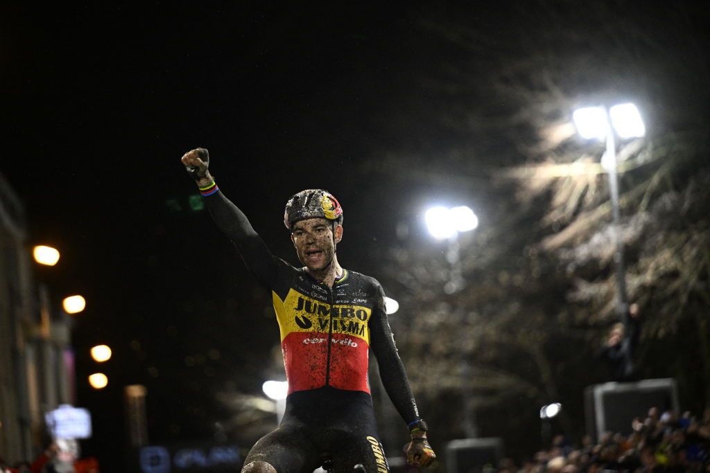 Belgian Wout Van Aert celebrates as he crosses the finish line to win the men elite race of the Superprestige Diegem 6th stage out of 8 in the Superprestige cyclocross cycling competition in Diegem Wednesday 28 December 2022BELGA PHOTO JASPER JACOBS Photo by JASPER JACOBS BELGA MAG Belga via AFP Photo by JASPER JACOBSBELGA MAGAFP via Getty Images