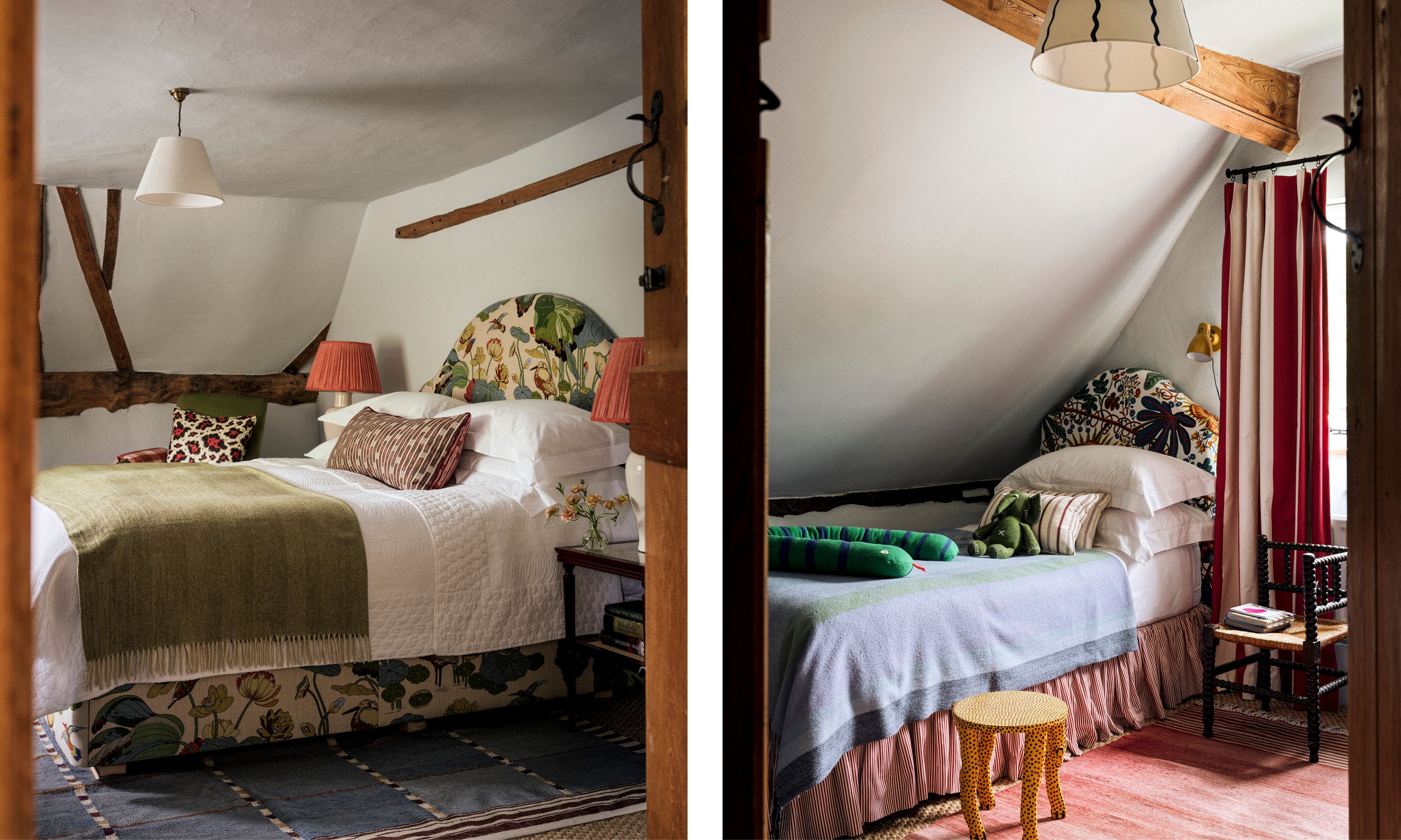 A diptych of two cottage bedrooms in a rustic attic space with sloped white ceilings and exposed beams. The left photo shows a double bed with a patterned headboard, topped with a white duvet and olive green throw. The right photo shows a single bed with a similar patterned headboard, a blue blanket, and a stuffed green snake toy.