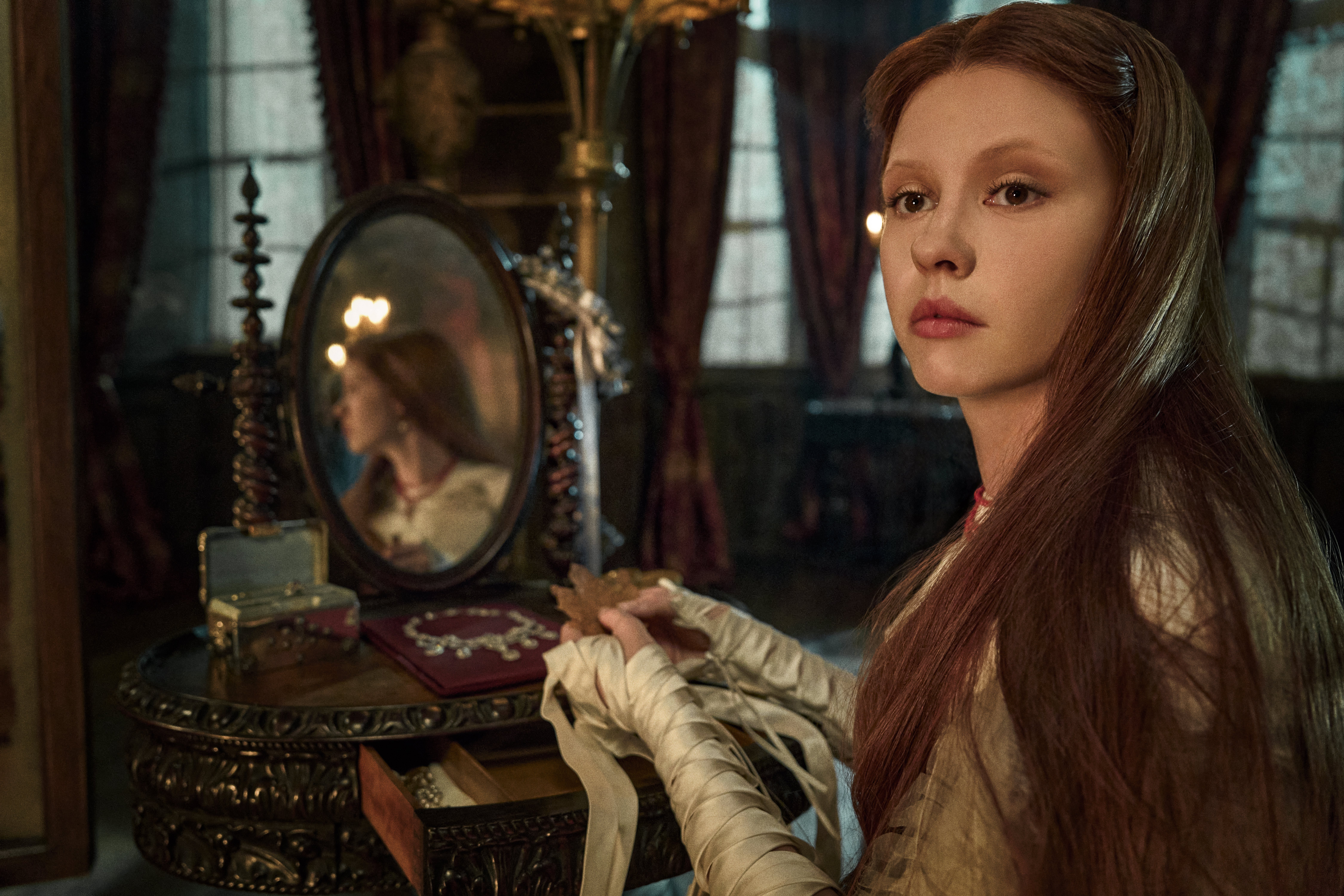 mia goth as elizabeth getting ready on her wedding night in frankenstein