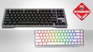 The Wooting 80HE and Gamakay NS68 on a grey background with the PC Gamer logo in the top right.