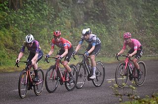 ALTO DE COTOBELLO SPAIN MAY 10 LR Anna van der Breggen of Netherlands and Team SD Worx Protime Demi Vollering of Netherlands and Team FDJ SUEZ Red Leader Jersey Marlen Reusser of Switzerland and Team Movistar and Cedrine Kerbaol of France and Team EF EducationOatty compete in the breakaway during the 11th La Vuelta Femenina 2025 Stage 7 a 1526km stage from La Robla to Alto de Cotobello 1197m UCIWWT on May 10 2025 in Alto de Cotobello Spain Photo by Szymon GruchalskiGetty Images