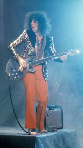 Marc BOLAN; filming 'Born To Boogie', playing Zemaitis guitar