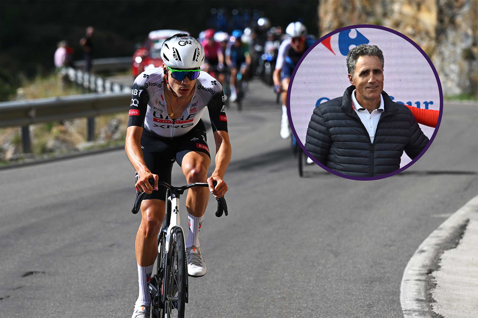Juan Ayuso with Miguel Induráin inset