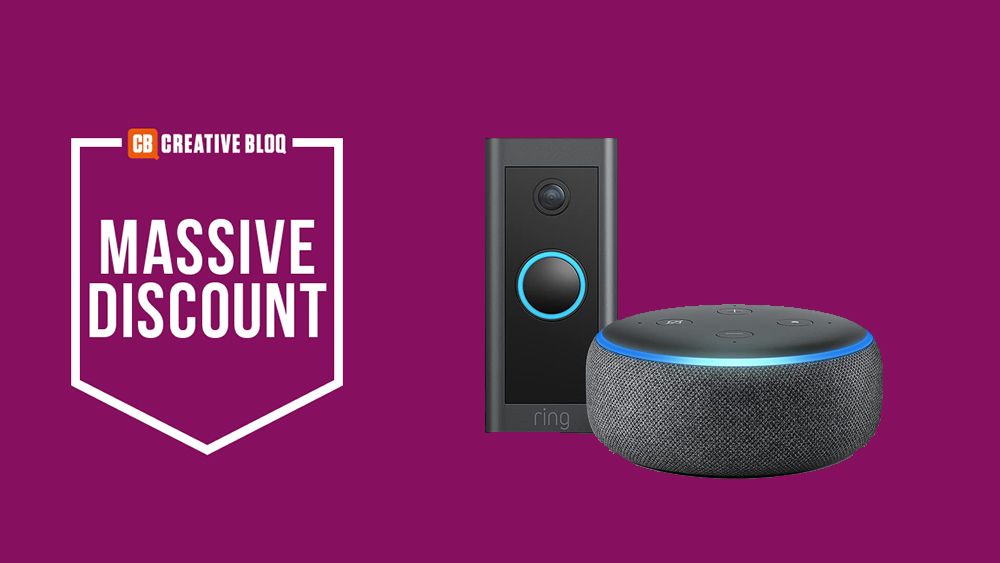 The Echo Dot and the Ring Video Doorbell on a purple background