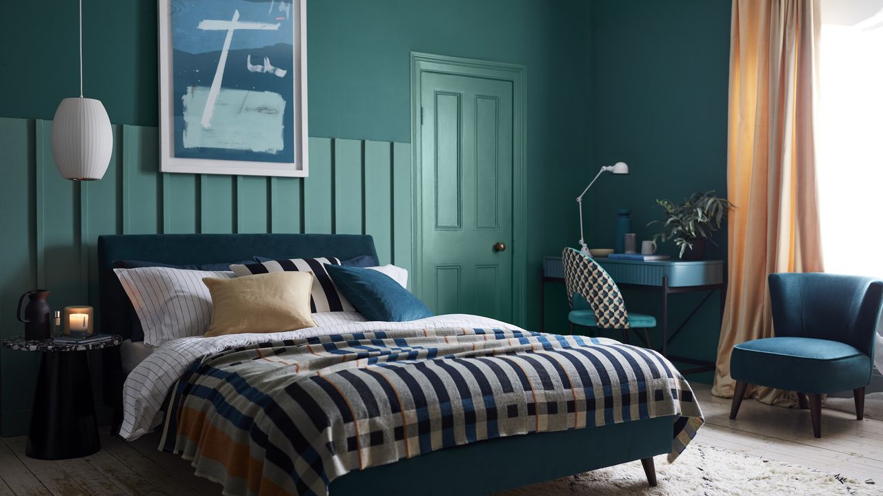 teal bedroom panel wall