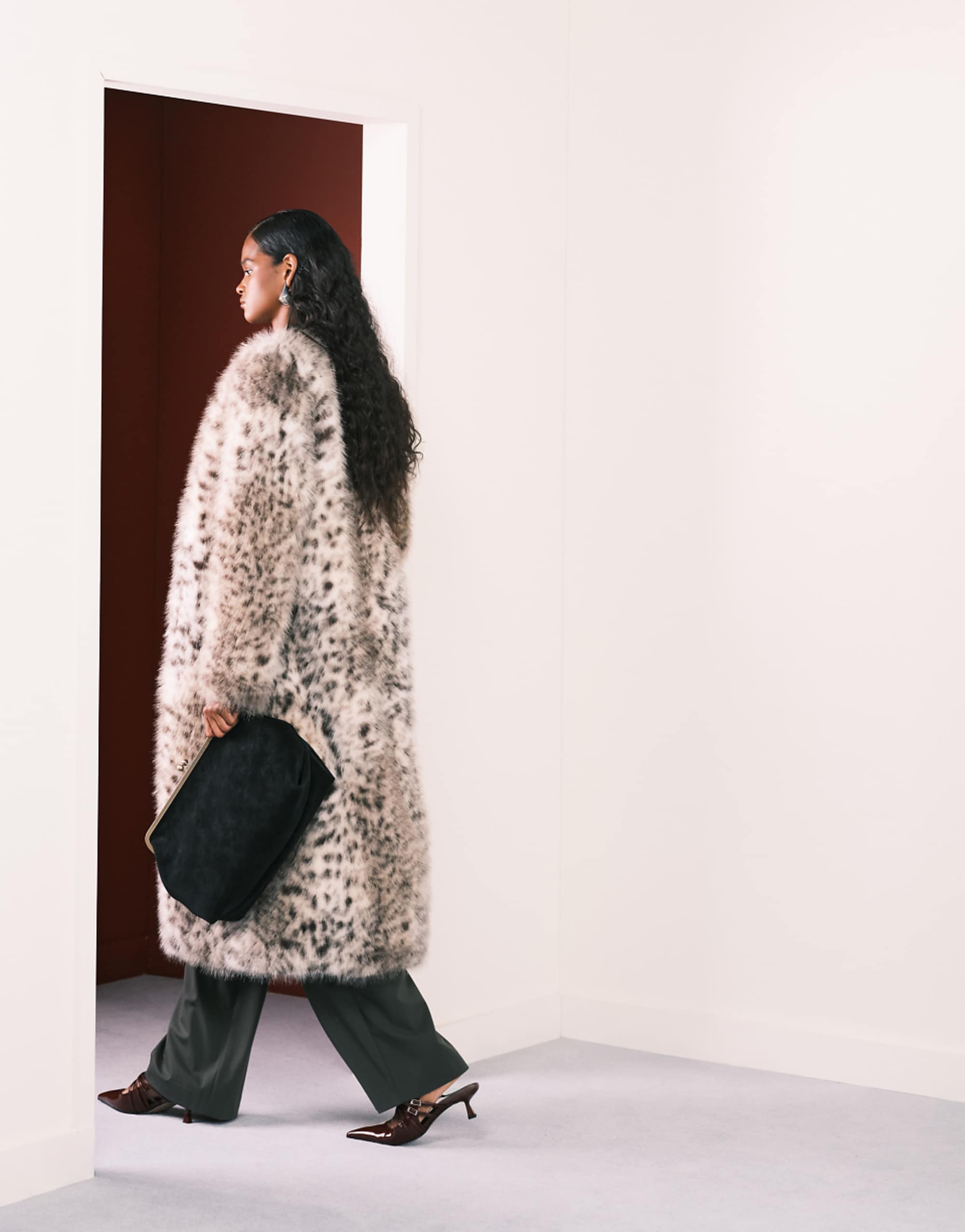 Asos Design Collarless Longline Faux Fur Coat in Snow Leopard