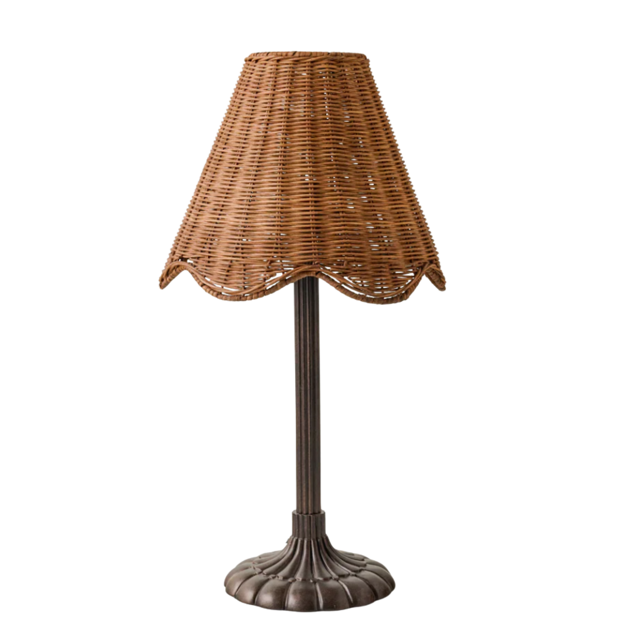 a lamp with a rattan scallop shade