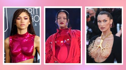 High-fashion breastplates: Zendaya pictured wearing a pink breastplate, alongside a picture of Rihanna wearing a red breastplate over a red jumpsuit performing at the Super Bowl and a picture of Bella Hadid wearing a gold tree breastplate necklace/ in a pink, purple and orange 3 picture template
