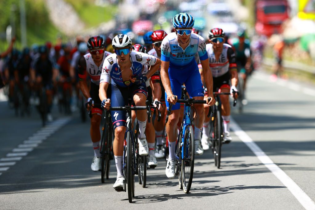 SAN SEBASTIAN SPAIN JULY 30 LR Pieter Serry of Belgium and Team QuickStep Alpha Vinyl and Jan Maas of Netherlands and Team BikeExchange Jayco lead the peloton during the 42nd Donostia San Sebastian Klasikoa 2022 Mens Elite a 2248km race from San Sebastian to San Sebastian Klasikoa2022 on July 30 2022 in San Sebastian Spain Photo by Gonzalo Arroyo MorenoGetty Images