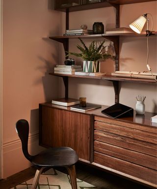 mid century modern office space with floating shelves