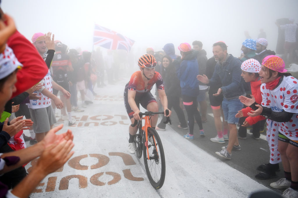 Alice Wood climbing to the Col du Tourmalet at the 2023 Tour de France Femmes