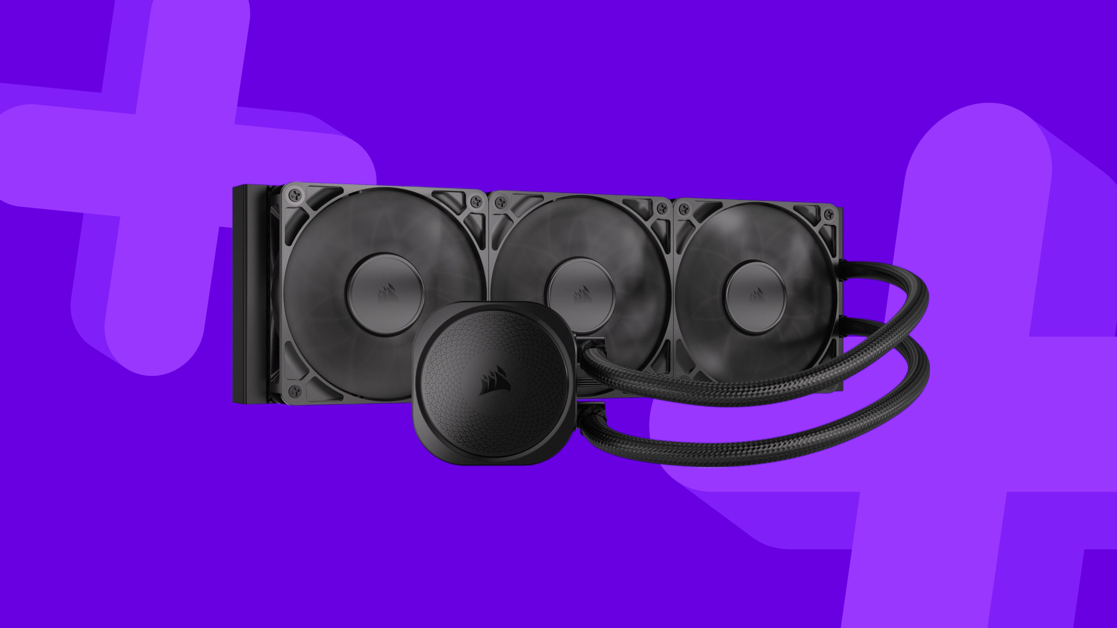 Corsair liquid CPU cooler on a purple background