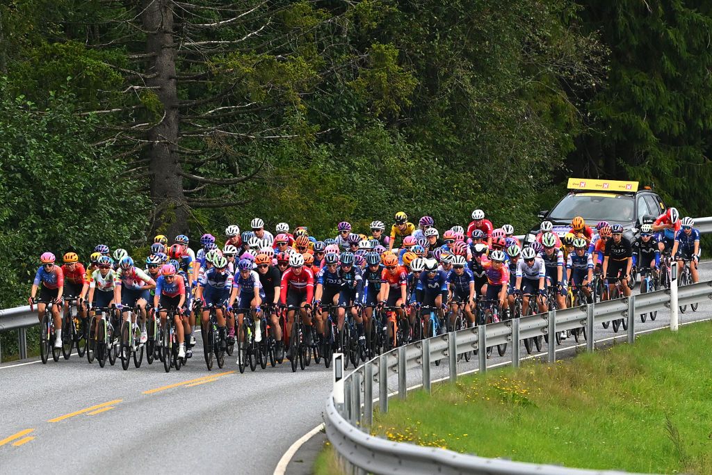 LARVIK NORWAY AUGUST 25 Elise Chabbey of Switzerland and Team CanyonSram Racing Polka Dot Mountain Jersey Lily Williams of The United States and Team Human Powered Health Arlenis Sierra Canadilla of Cuba and Movistar Team lead the peloton the 9th Tour of Scandinavia 2023 Battle Of The North Stage 3 a 1349km stage from Kongsberg to Larvik UCIWWT on August 25 2023 in Larvik Norway Photo by Luc ClaessenGetty Images