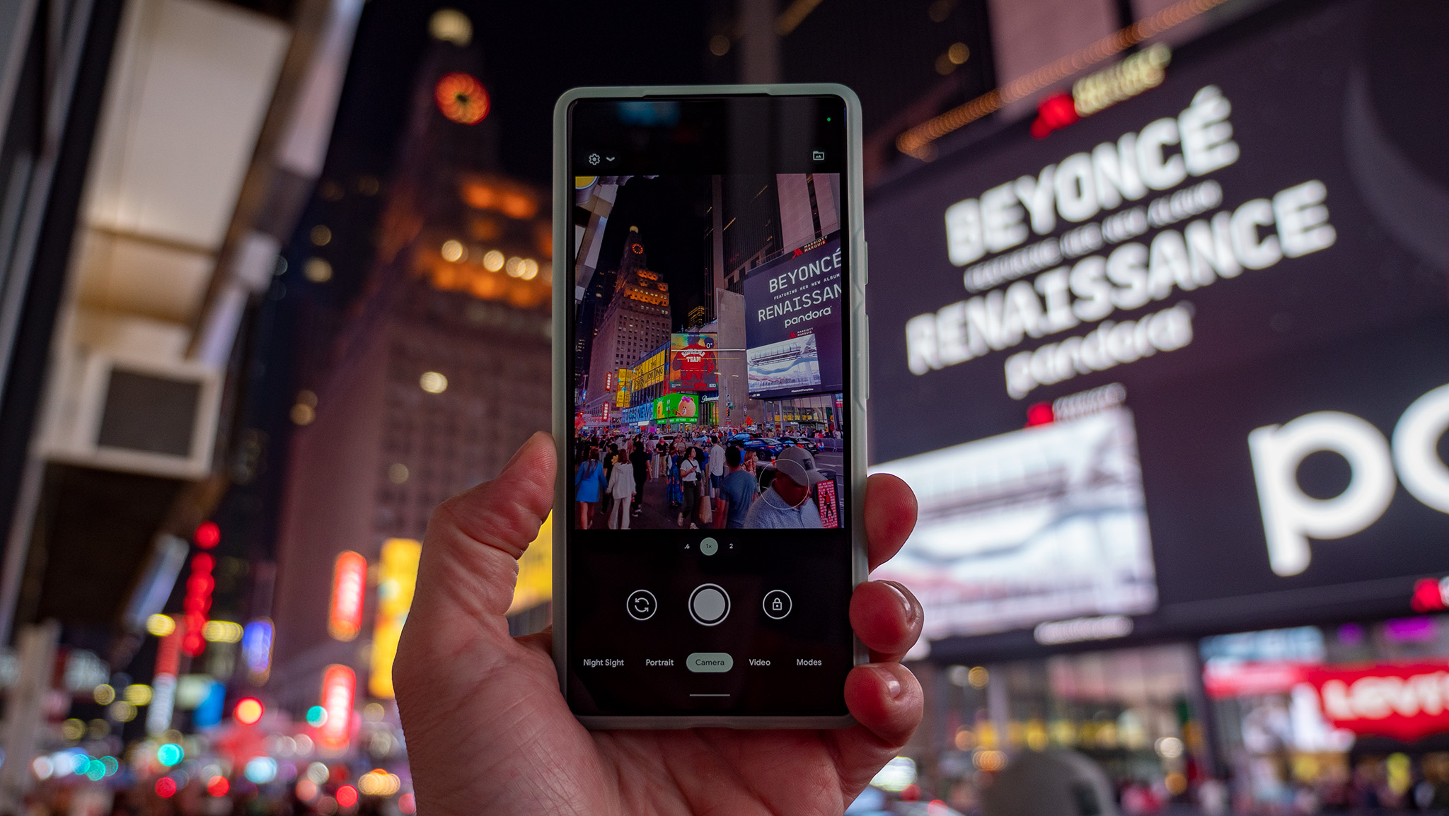 Google Pixel 6a camera viewfinder at night in Times Square