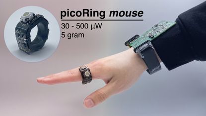Somebody wearing the prototype picoRing mouse and accompanying wristband.