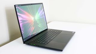 The Razer Blade 16 (2024) on a desk at an angle