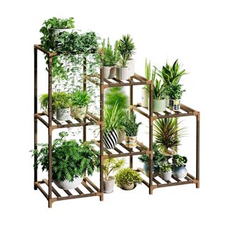 Bamworld's indoor plant stand shelf in wood with three rows and multiple tiers and indoor plants hanging from it