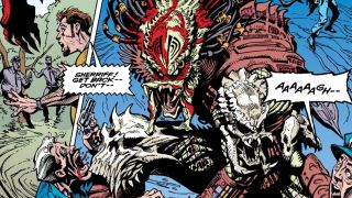 Image from the Predator: Bad Blood comic. Two side-by-side comic book panels. On the left are two police offices and an adult male yelling, "Sheriff! Get back – Don't – ". On the right is a giant Predator creature pouncing and killing two police offices "AAAAAAGH—"