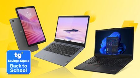 A Lenovo Tab One, Chromebook, and ThinkPad against a yellow background