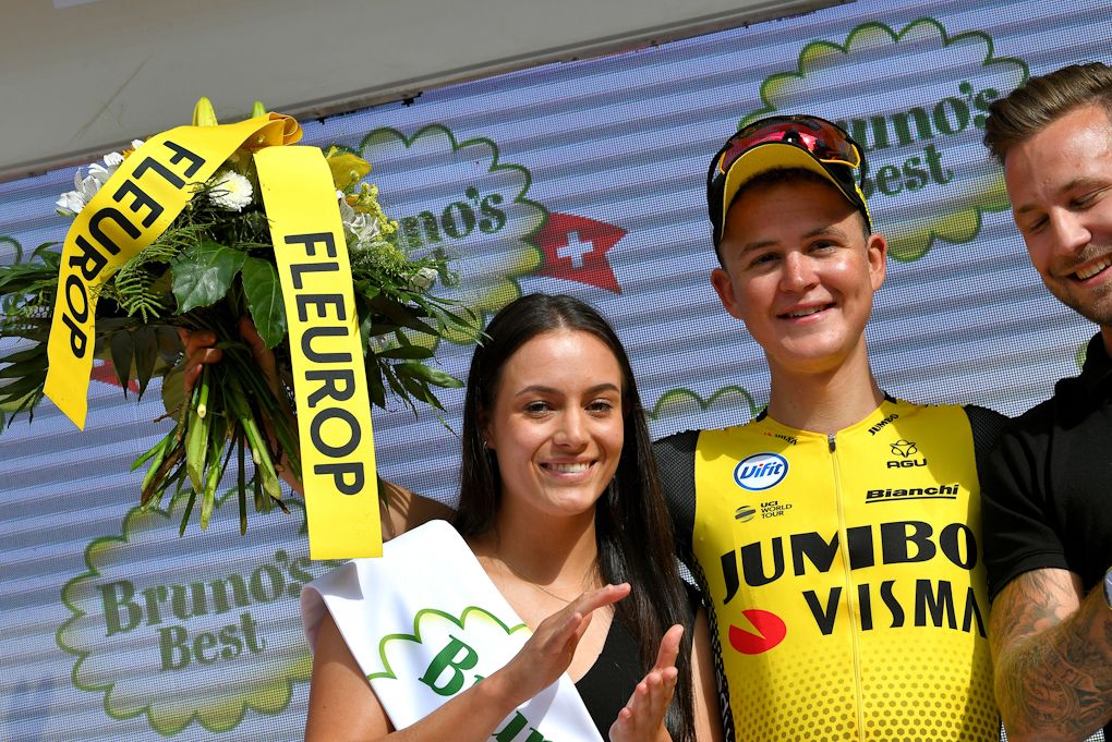 Antwan Tolhoek on the stage 6 podium at Tour de Suisse