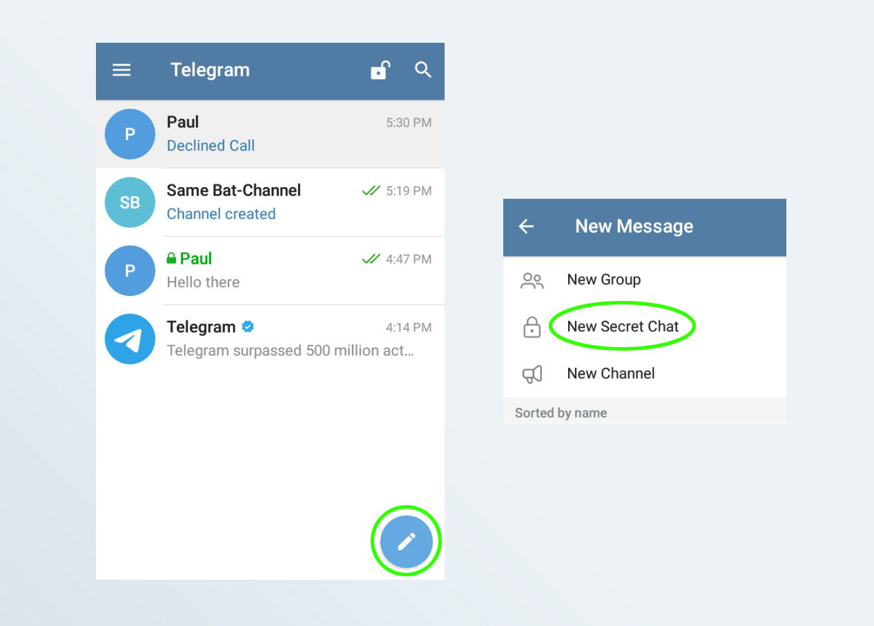 Screenshots of how to start a Secret Chat in the Telegram Android app.
