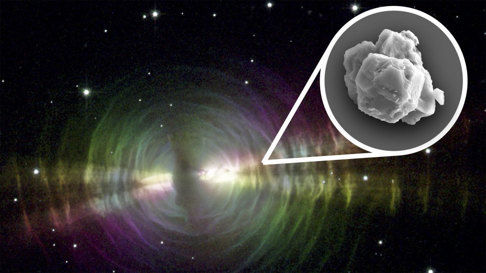 Dust-rich outflows of evolved stars similar to the pictured Egg Nebula are plausible sources of the large presolar grains found in meteorites like Murchison.