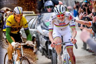 A composite image of Sean Kelly racing (left) and Tadej Pogačar during Strade Bianche (right)