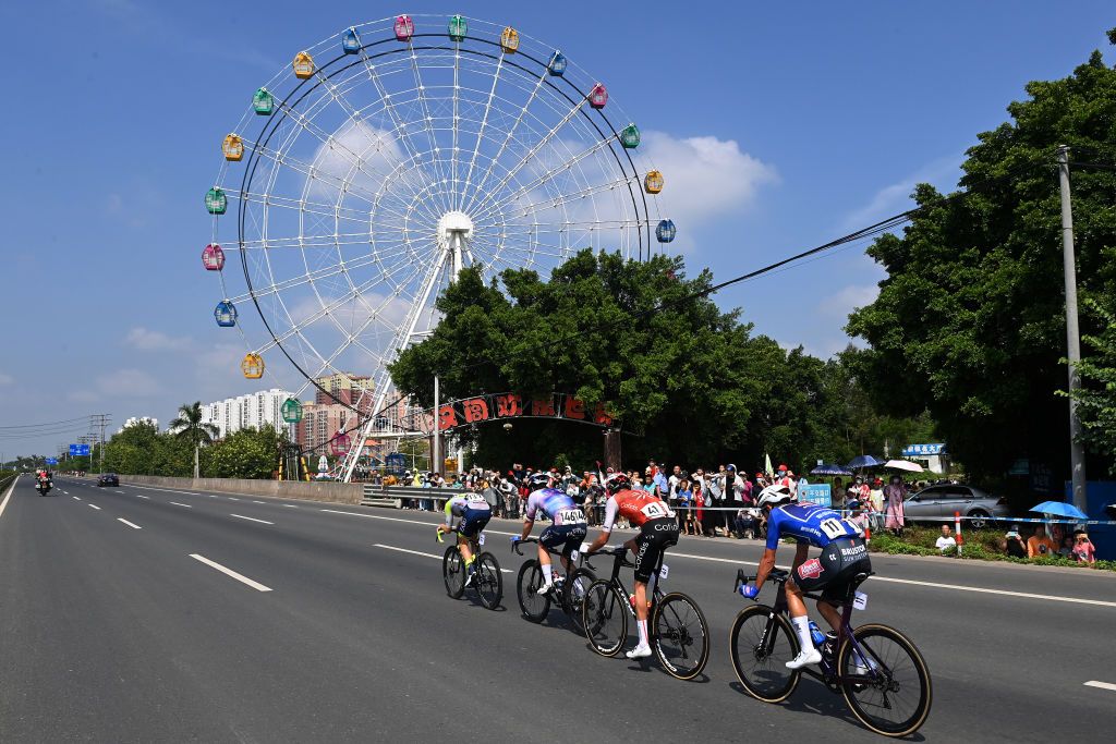 QINZHOU CHINA OCTOBER 13 LR Julius Johansen of Denmark and Team IntermarcheCircusWanty Jens Reynders of Belgium and Team IsraelPremier Tech Thomas Champion of France and Team Cofidis and Dries De Bondt of Belgium and Team AlpecinDeceuninck Blue Sprint Jersey compete in the breakaway during the 4th GreeTour of Guangxi 2023 Stage 2 a 1496km stage from Beihai to Qinzhou UCIWT on October 13 2023 in Qinzhou China Photo by Tim de WaeleGetty Images