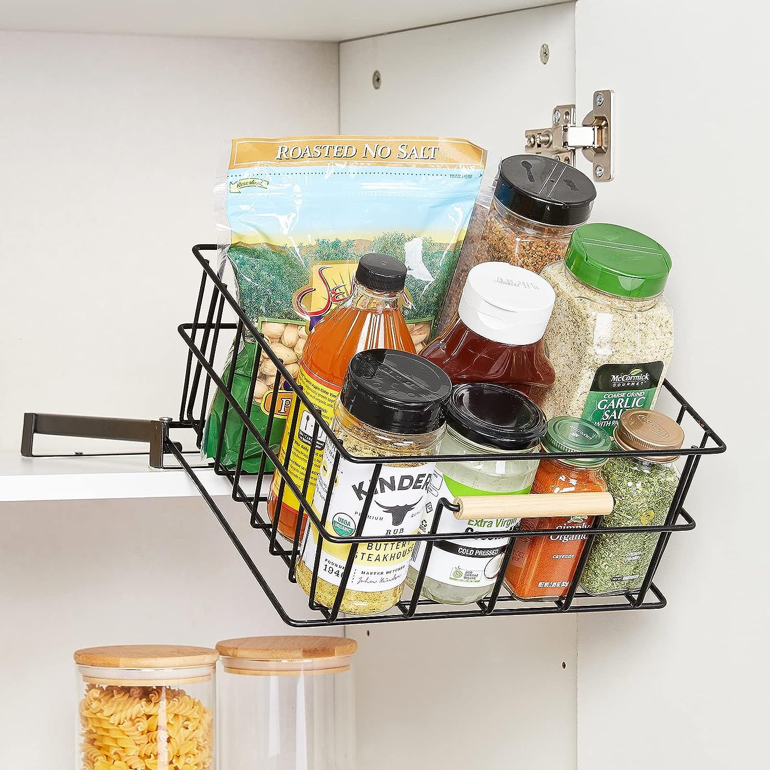 Pull down cabinet organizer
