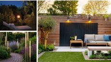 collage of three gardens at night to show layered lighting outdoors