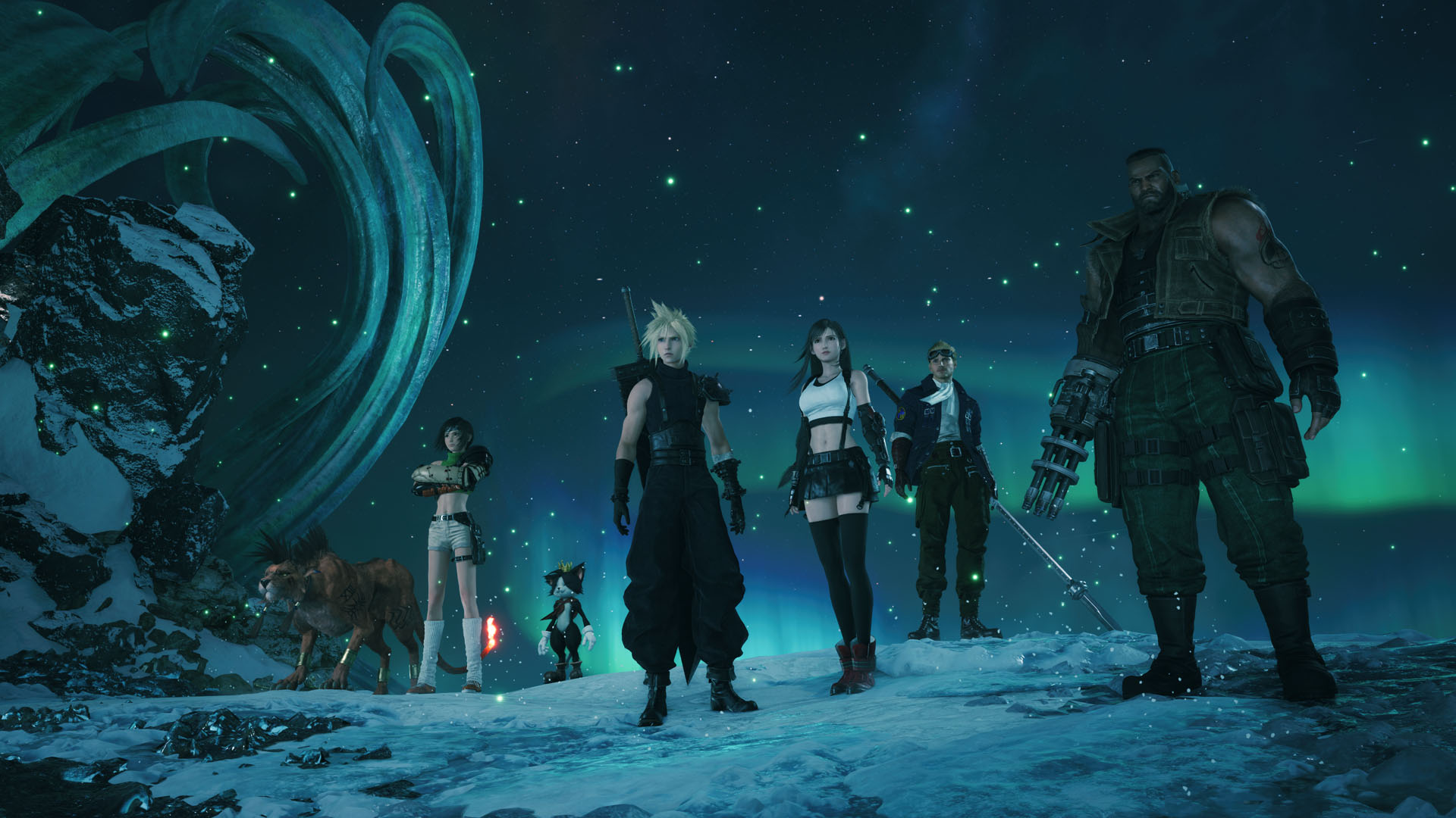 Cloud and the party stand on a snowy ridge with a Northern Lights behind them in Final Fantasy 7 Revelation