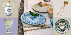 Anthropologie x The Mediterranean Dish limited editon tableware collection pictured against a colorful checkered background