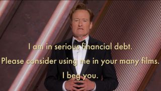 Conan O'Brien makes his plea with subtitles at the 97th Academy Awards.