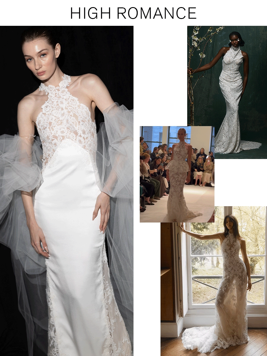 A collage of high-neck lace gowns.