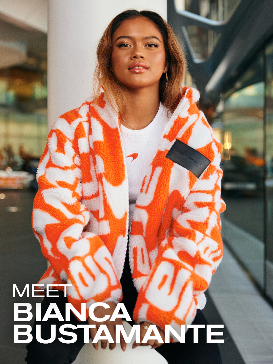 Bianca Bustamante wearing an orange and white fleece McLaren jacket in Woking, Britain.