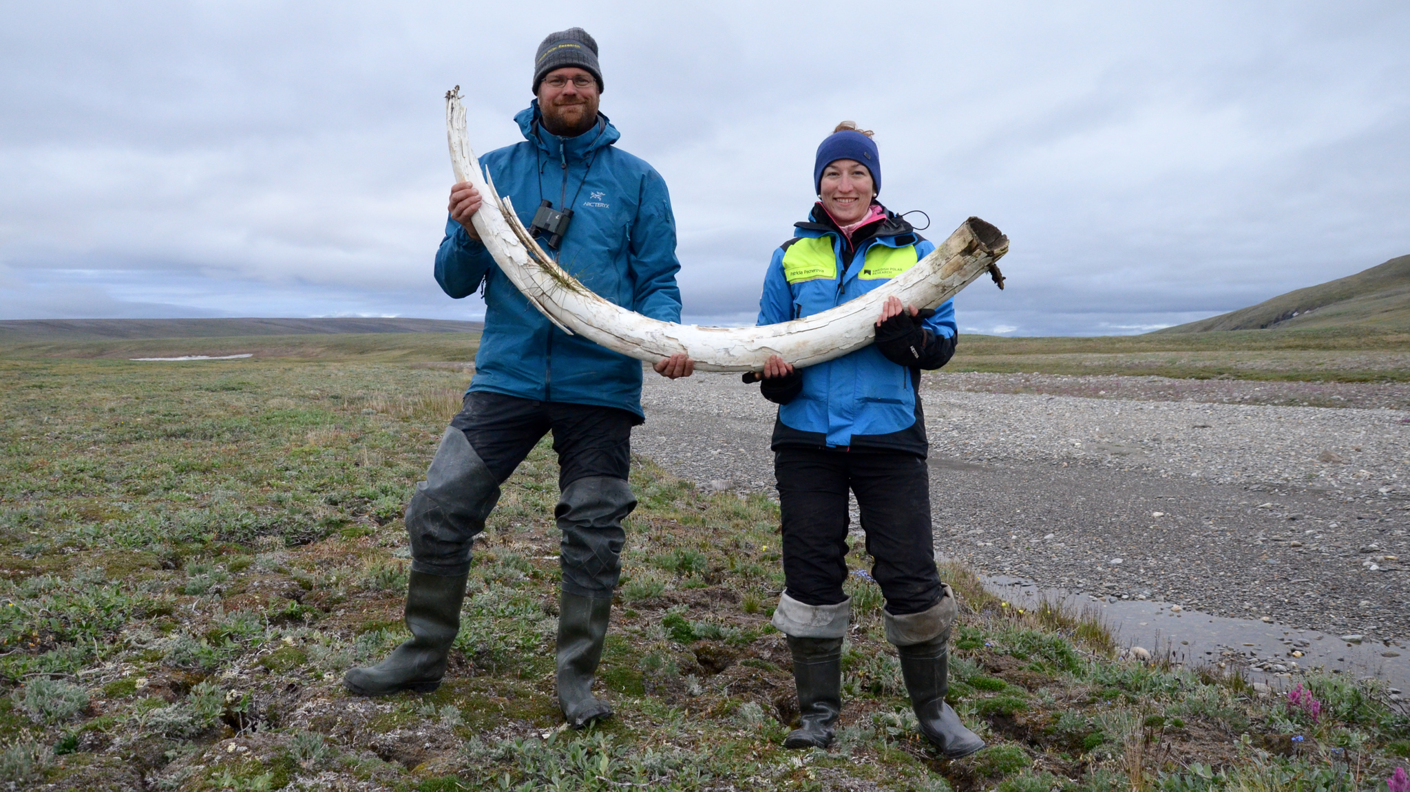 Study senior researcher Love Dalén (left) and co-lead researcher Patrícia Pečnerová (right) hold a mammoth tusk on Wrangel Island.