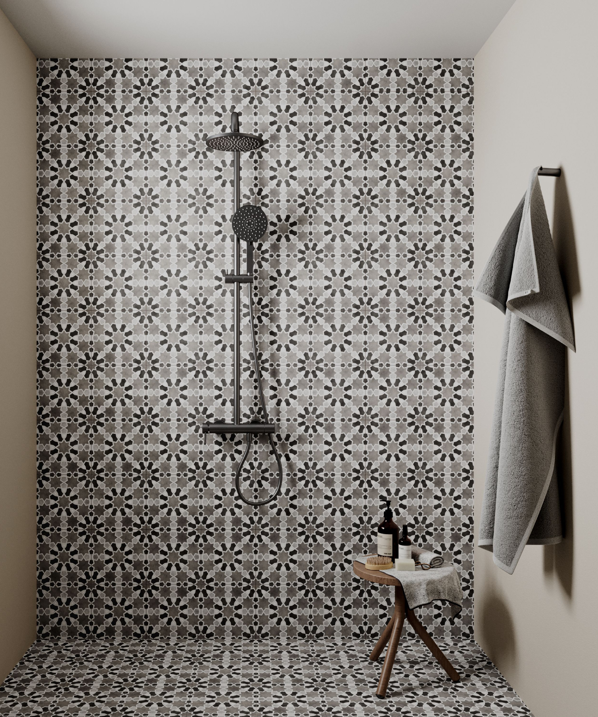 grey wet room with patterned tiles