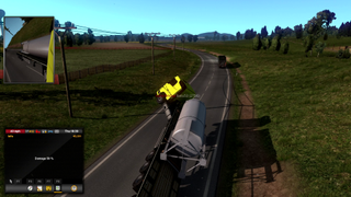 TruckersMP's Calais to Duisburg road, and the many trucks and crashes that occur.