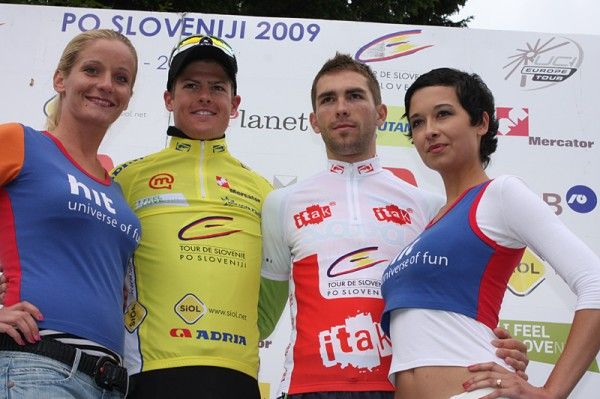 Jacob Fuglsang (Saxo Bank) in yellow at the end of Tour de Slov&eacute;nie day three.