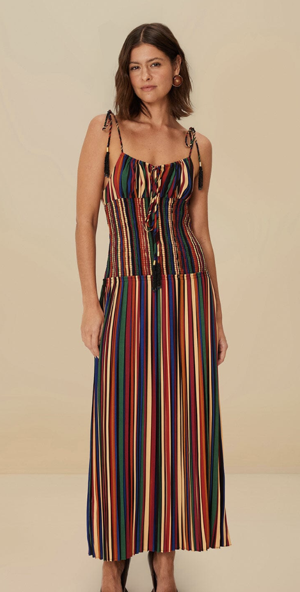 FARM RIO , Multicolor Pipa Stripes Midi Dress