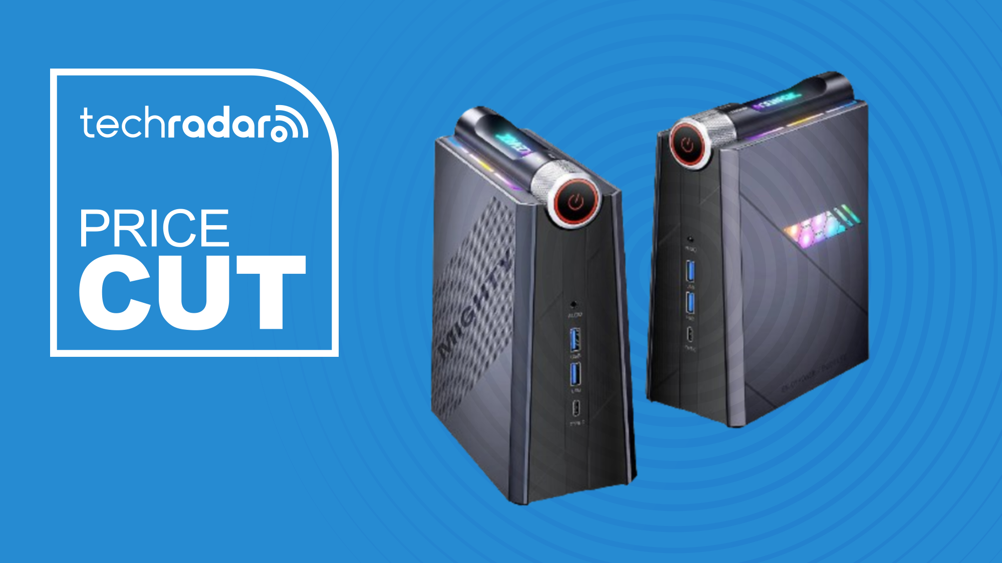 Acemagic AD08 mini PC on a blue background next to a TechRadar badge reading &#039;Price cut&#039;